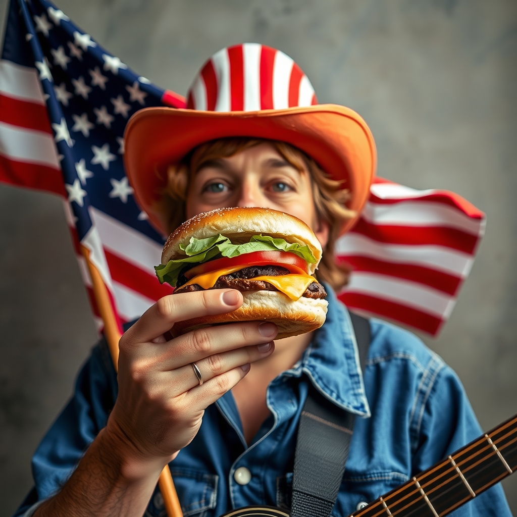 american person with flag burger rock roll by मुफ्त एआई छवि जनरेटर - बिना लॉगिन के✨ | AIGAZOU