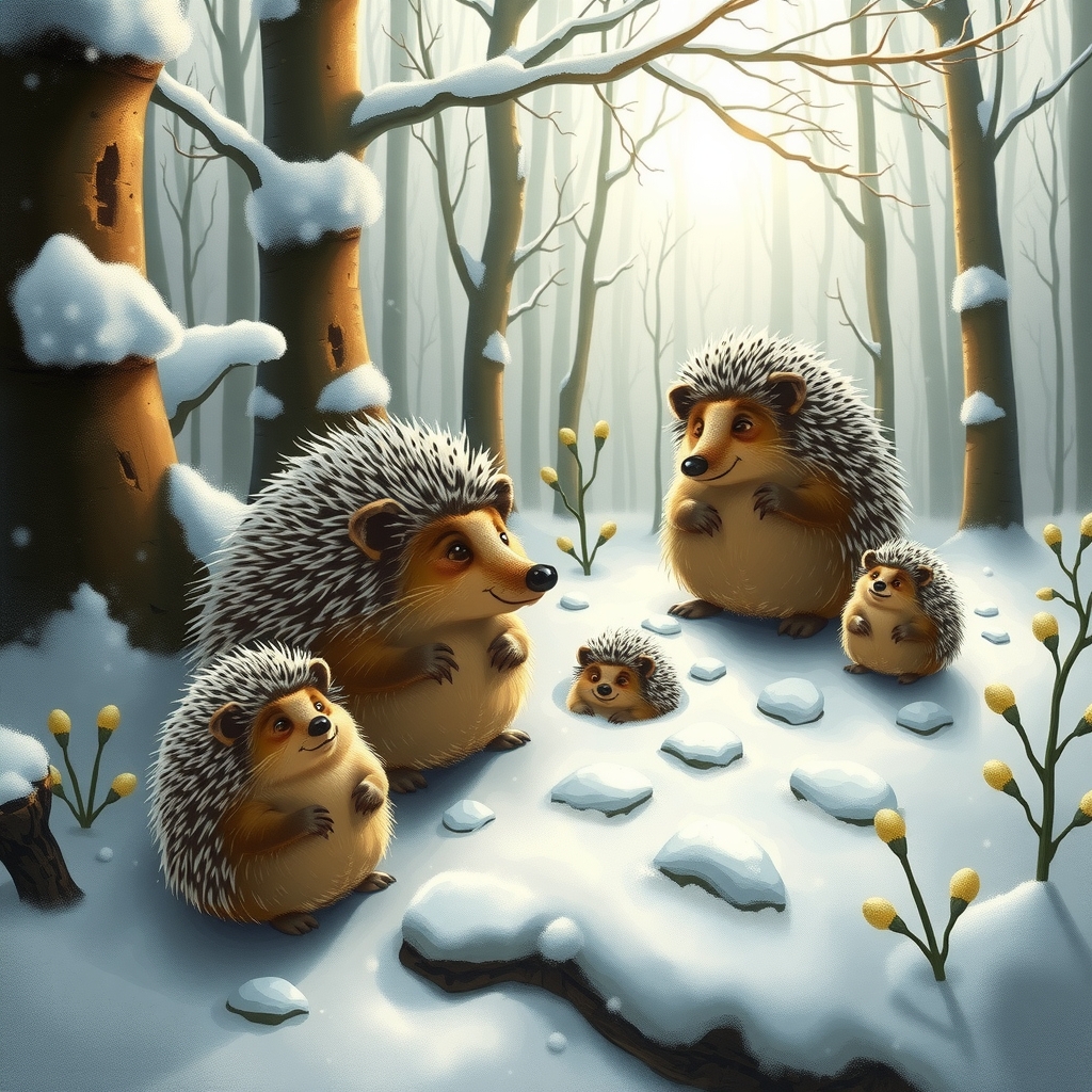 snowy fairytale forest with hedgehog family by मुफ्त एआई छवि जनरेटर - बिना लॉगिन के✨ | AIGAZOU