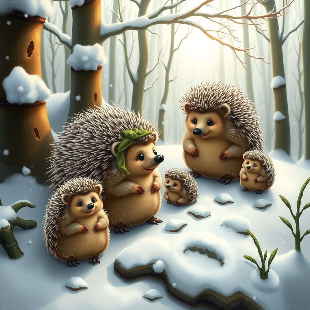 snowy fairy tale forest with hedgehog family by मुफ्त एआई छवि जनरेटर - बिना लॉगिन के✨ | AIGAZOU