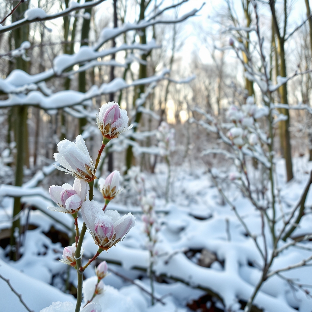 snowy winter and spring with buds and blooming flowers by Générateur d'images par IA gratuit - Aucune connexion nécessaire✨ | AIGAZOU