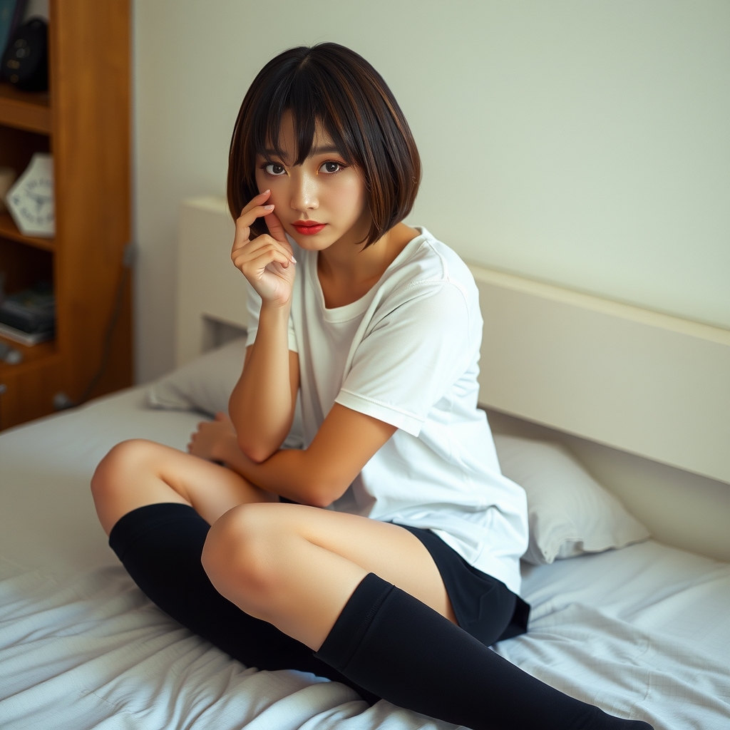 tearful eyes black knee high socks mini skirt sitting on bed looking at camera japanese bob cut white t shirt by मुफ्त एआई छवि जनरेटर - बिना लॉगिन के✨ | AIGAZOU