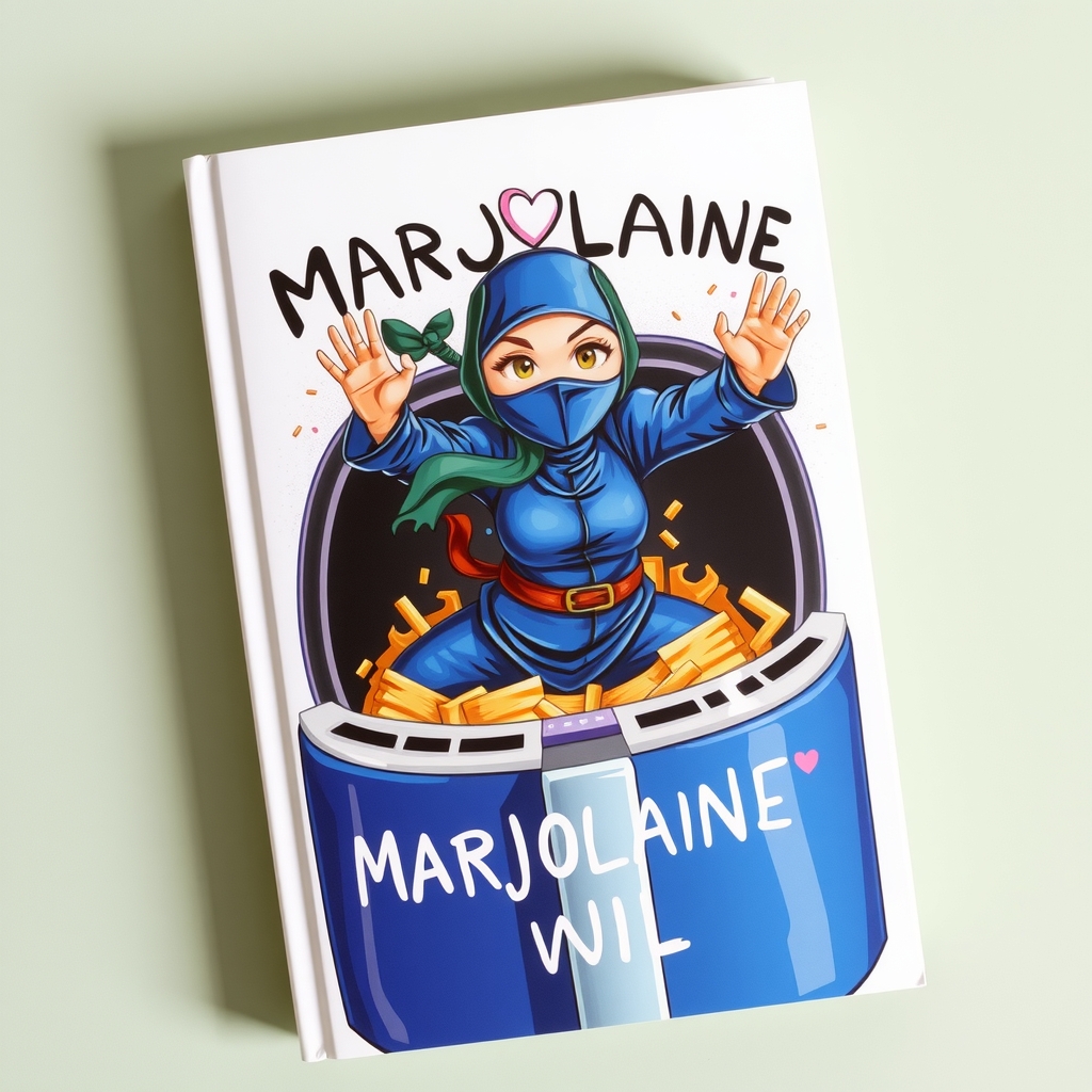 a book with a ninja woman jumping out of an airfryer dressed in blue brown eyes with marjolaine written in by मुफ्त एआई छवि जनरेटर - बिना लॉगिन के✨ | AIGAZOU