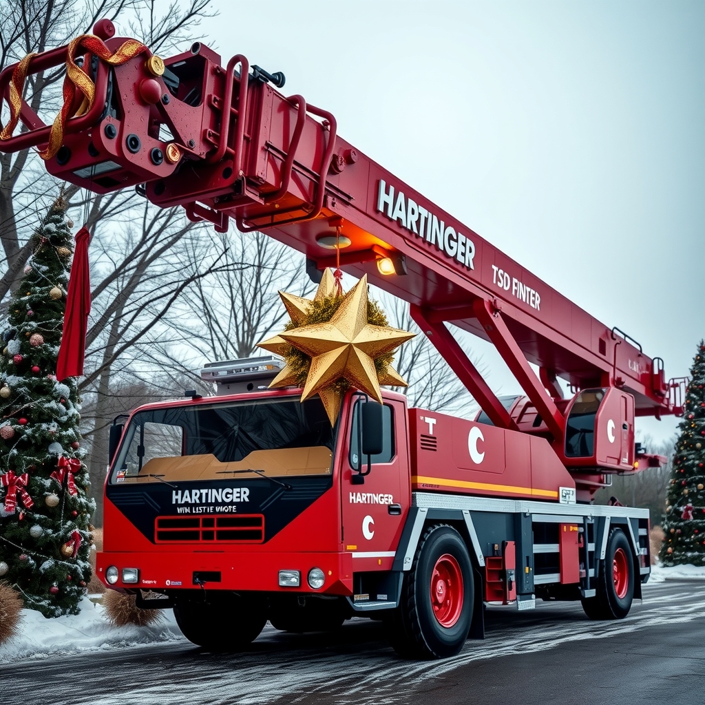 large telescope mobile crane in red with hartinger lifting a christmas star in a christmas environment by मुफ्त एआई छवि जनरेटर - बिना लॉगिन के✨ | AIGAZOU