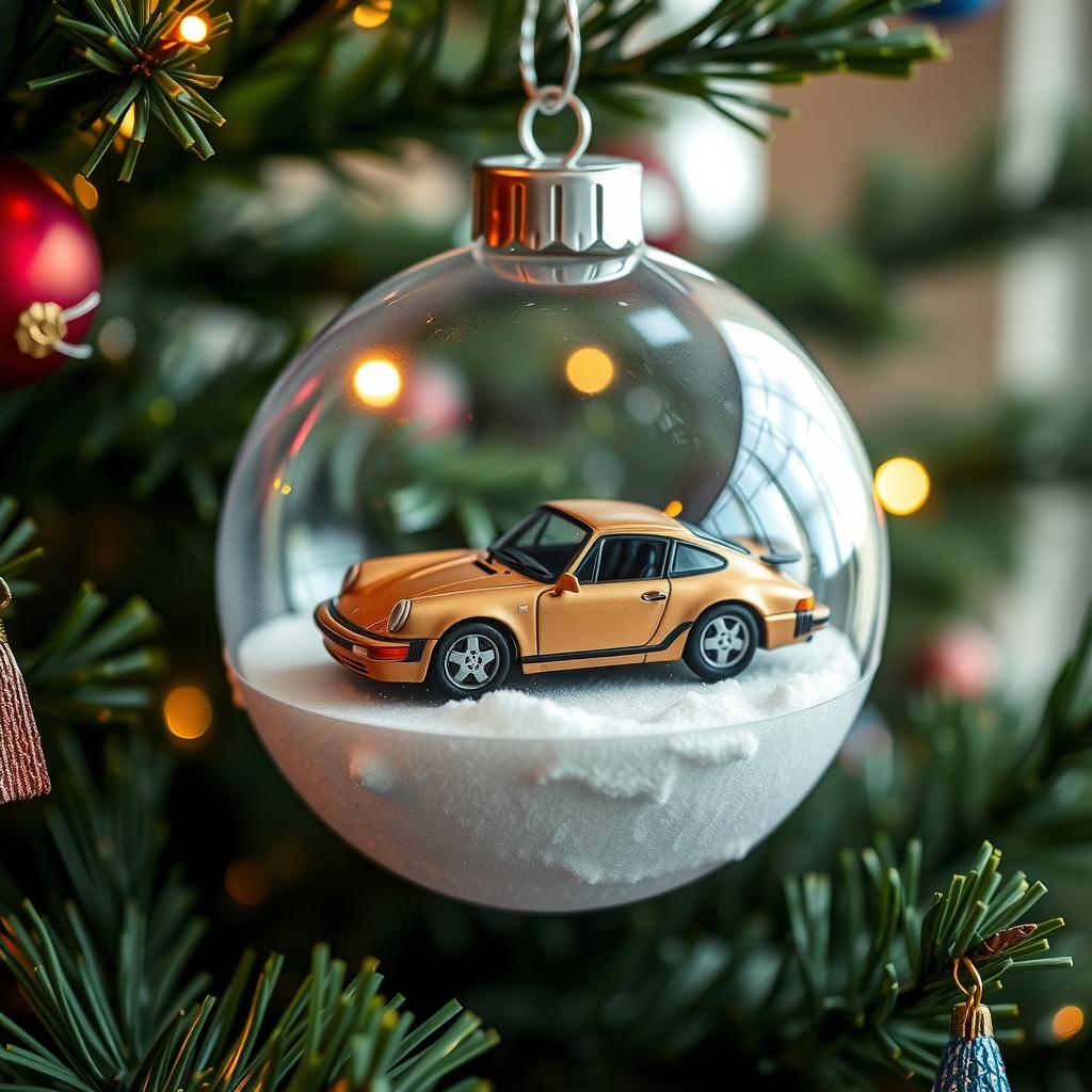 christmas ball on decorated tree with porsche model by मुफ्त एआई छवि जनरेटर - बिना लॉगिन के✨ | AIGAZOU