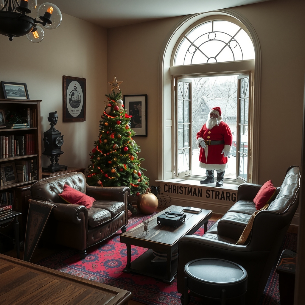 a sparsely furnished steampunk living room with a christmas tree by 免费AI图像生成工具 | AIGAZOU