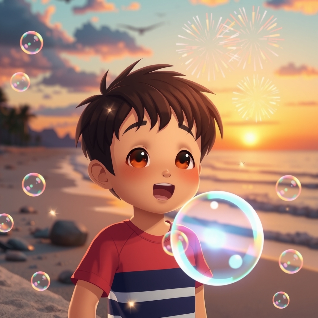 animation style 7 year old korean boy beach sunset fireworks soap bubbles hologram by 무료 AI 이미지 생성기 - 로그인 필요 없음✨ | AIGAZOU