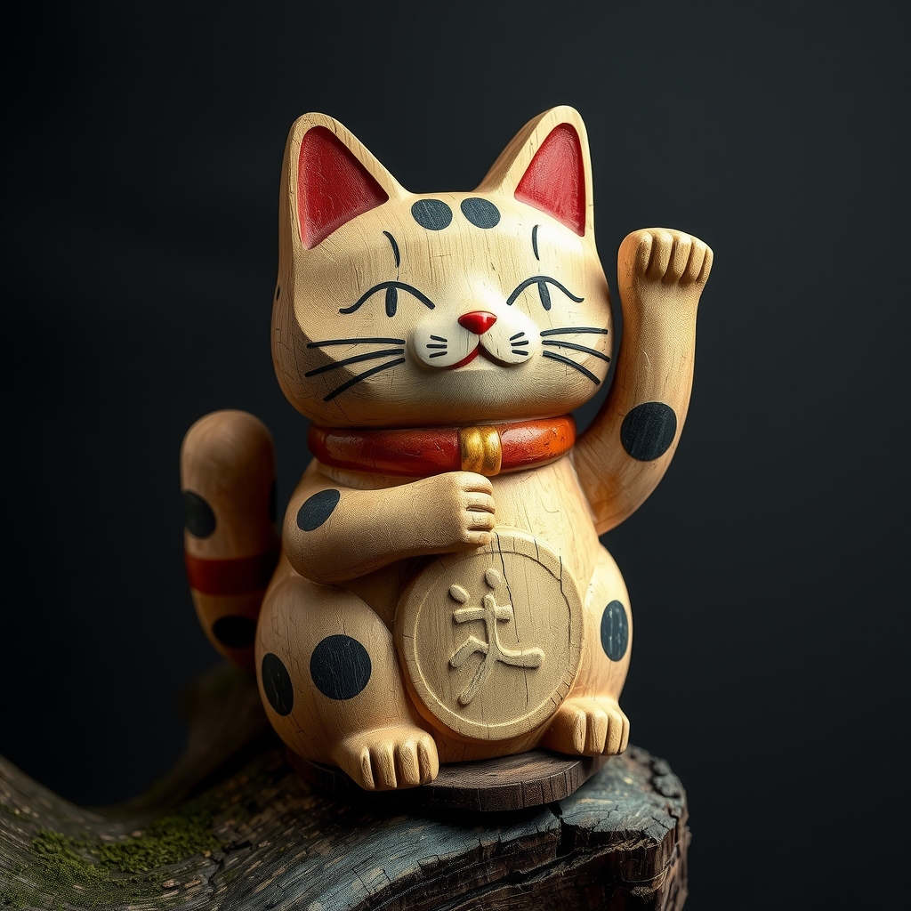 winkekatze raw maneki neko layered wood figure cracks working woodpecker dark background by मुफ्त एआई छवि जनरेटर - बिना लॉगिन के✨ | AIGAZOU