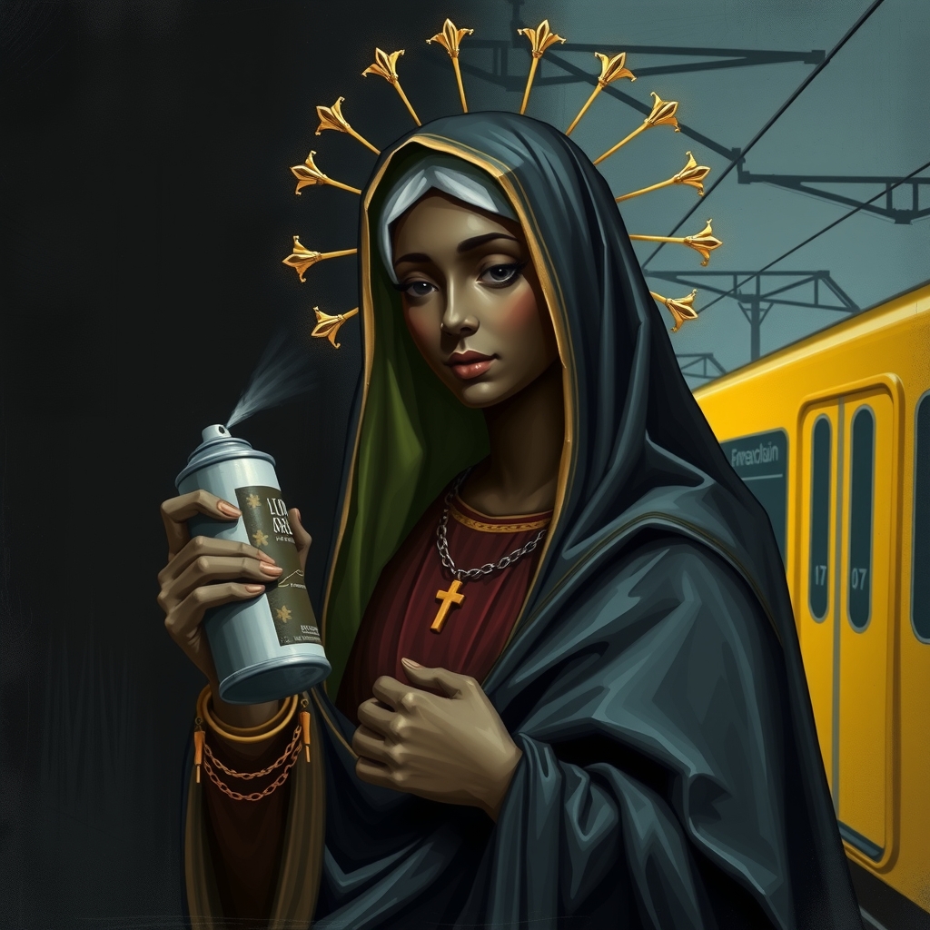 black madonna latex spray can dark background by मुफ्त एआई छवि जनरेटर - बिना लॉगिन के✨ | AIGAZOU