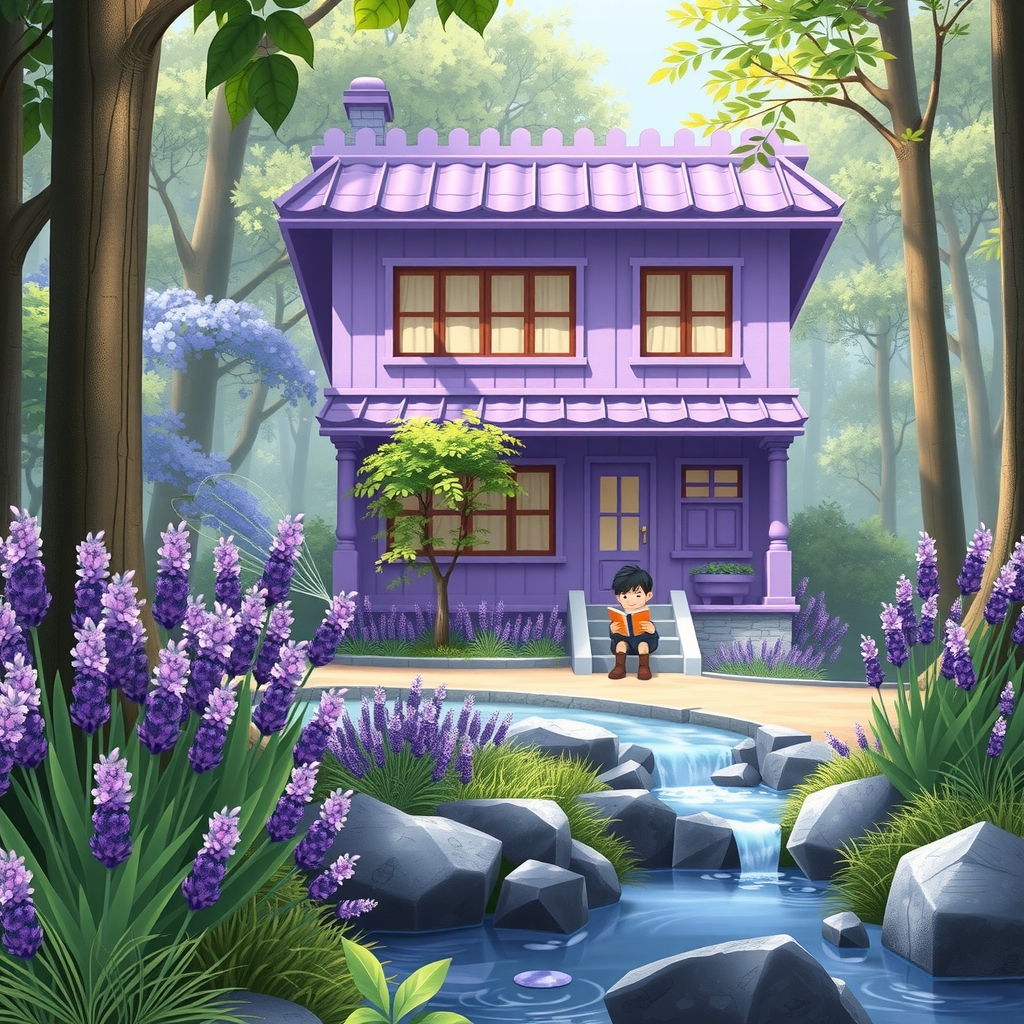 forest purple flowers violet house korean boy by मुफ्त एआई छवि जनरेटर - बिना लॉगिन के✨ | AIGAZOU