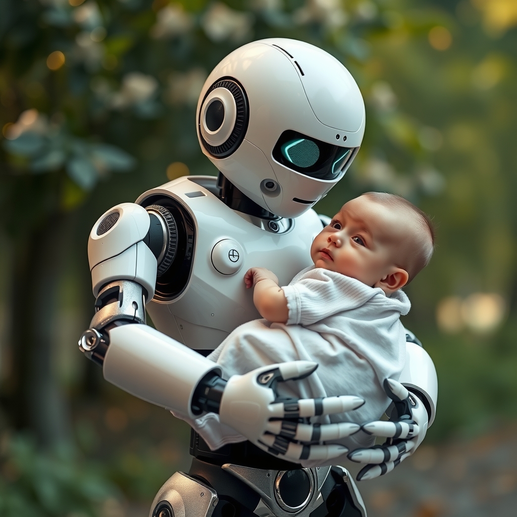 a robot holding a baby in its arms by मुफ्त एआई छवि जनरेटर - बिना लॉगिन के✨ | AIGAZOU