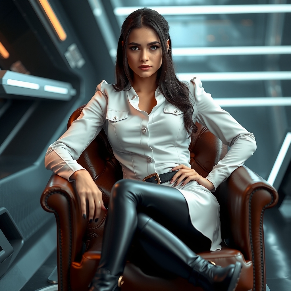 a confident woman in white latex shirt black latex pants and boots sits on a leather chair with a futuristic by मुफ्त एआई छवि जनरेटर - बिना लॉगिन के✨ | AIGAZOU