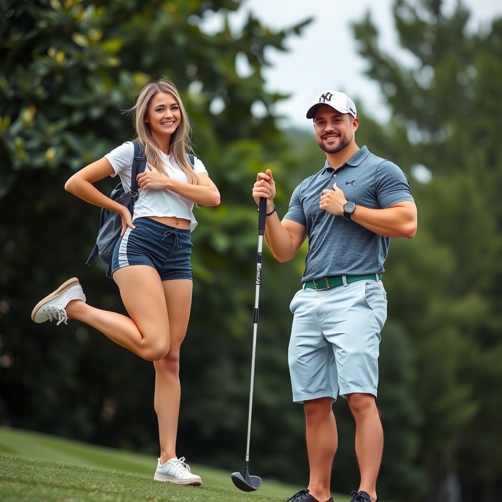 pretty white high school girl in short sportswear posing fit idol man holding golf club by मुफ्त एआई छवि जनरेटर - बिना लॉगिन के✨ | AIGAZOU