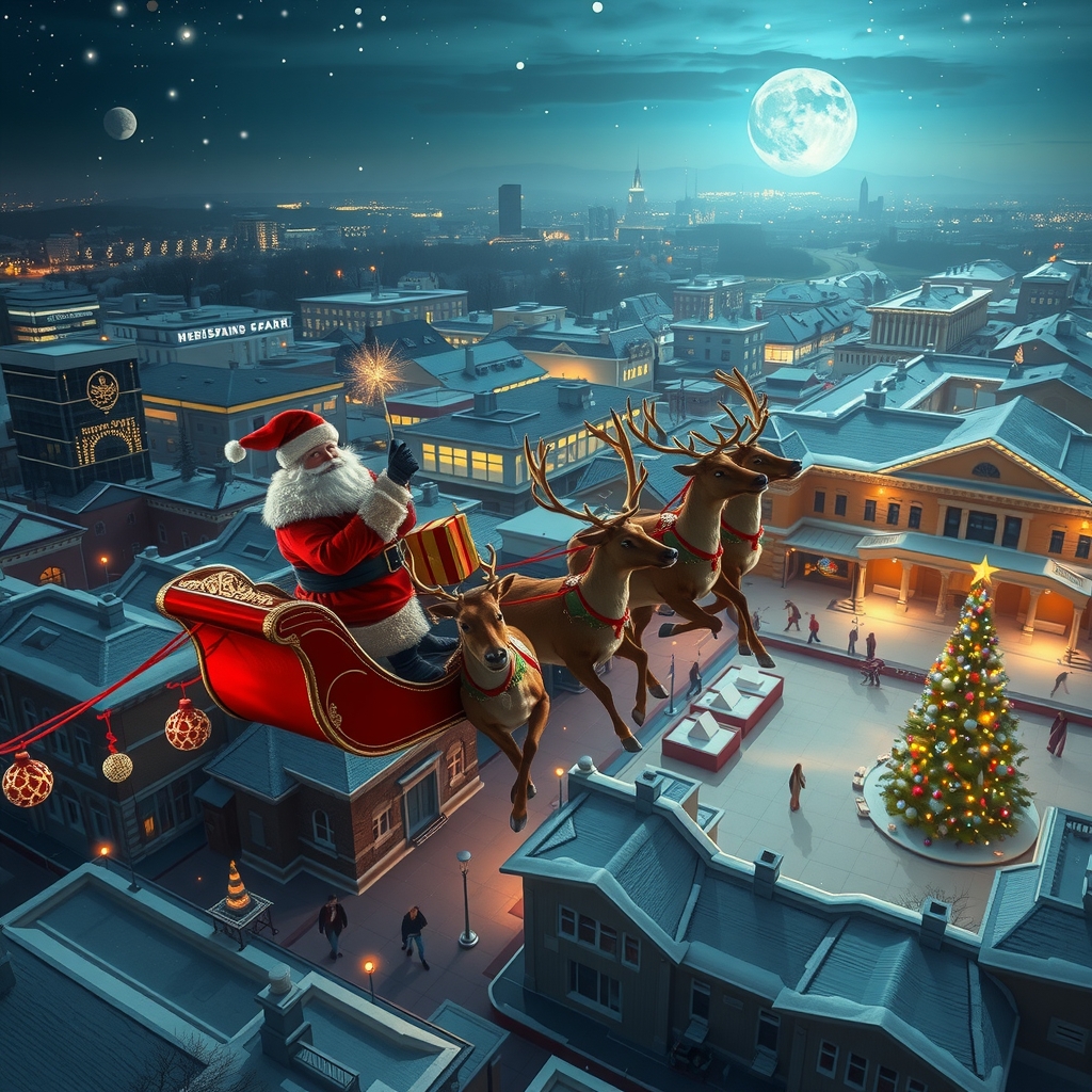 santa claus flies in sleigh with six reindeer in winter night over city with bright lights and christmas tree on by Générateur d'images par IA gratuit - Aucune connexion nécessaire✨ | AIGAZOU