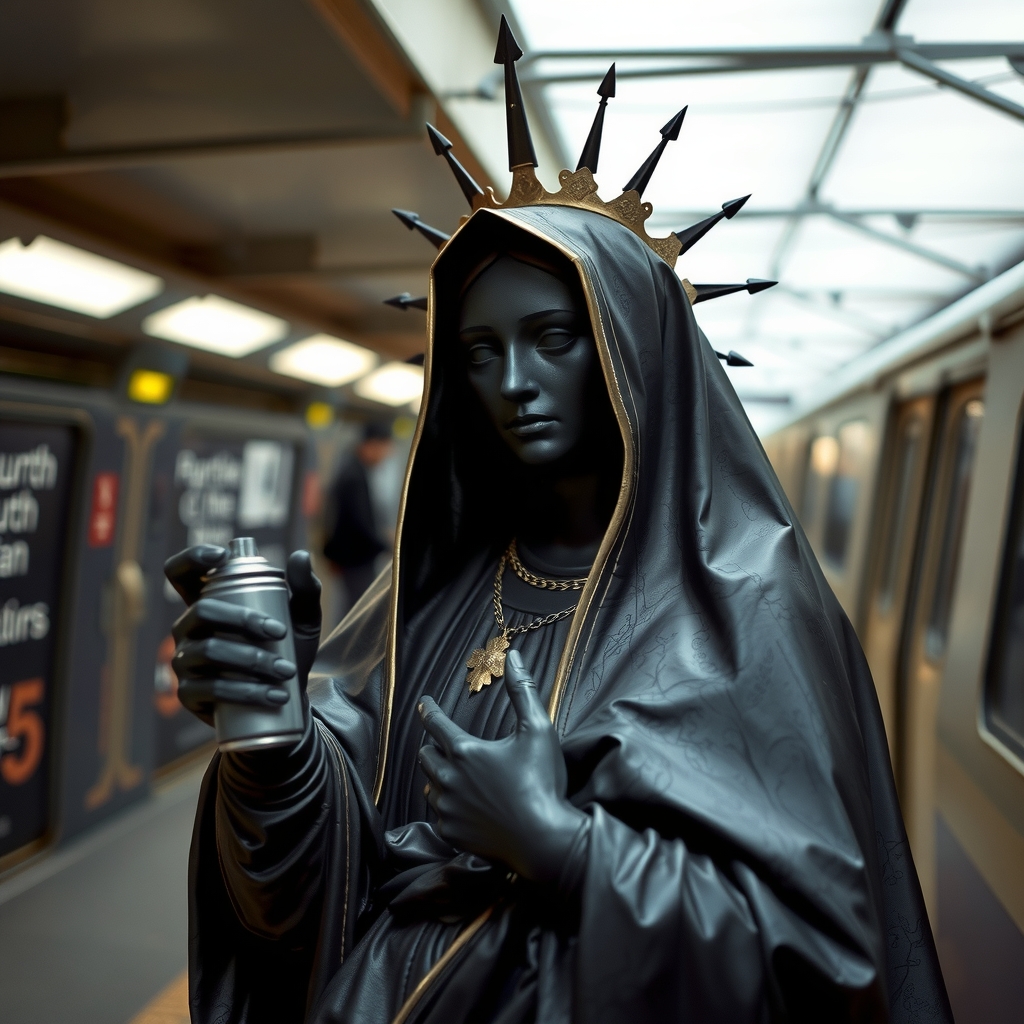 black madonna with spray can holy berlin s bahn memphis style by मुफ्त एआई छवि जनरेटर - बिना लॉगिन के✨ | AIGAZOU