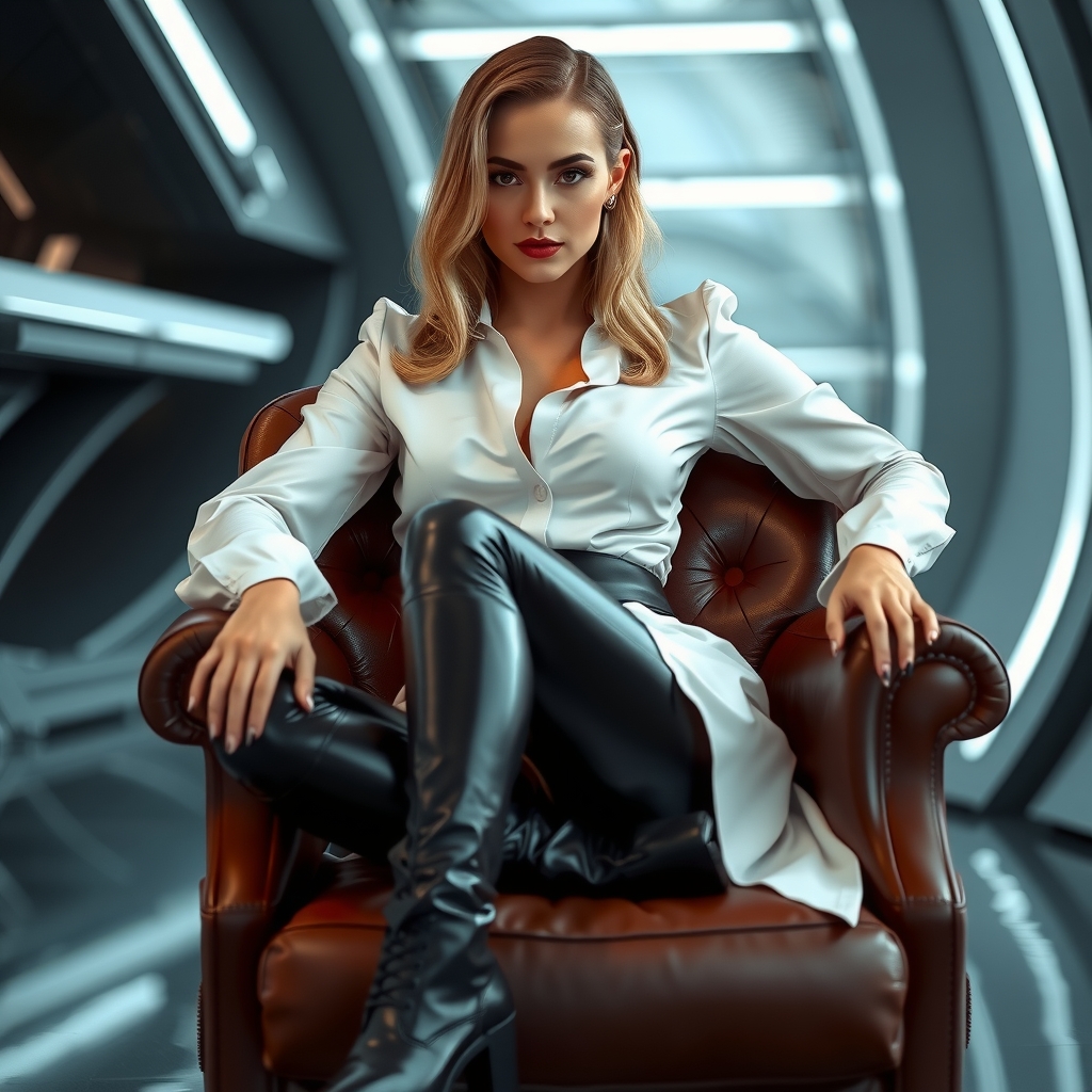 a confident woman in white latex shirt black latex pants and boots sits on a leather chair with a futuristic by मुफ्त एआई छवि जनरेटर - बिना लॉगिन के✨ | AIGAZOU