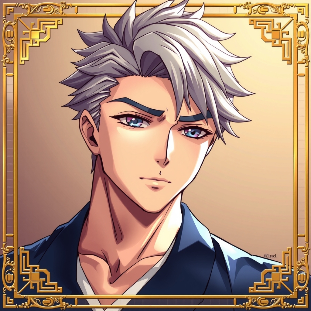 anime style golden frame border handsome japanese male overall glossy by मुफ्त एआई छवि जनरेटर - बिना लॉगिन के✨ | AIGAZOU