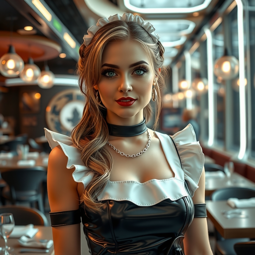 woman cute latex french maid dress sexy eyes futuristic restaurant by मुफ्त एआई छवि जनरेटर - बिना लॉगिन के✨ | AIGAZOU