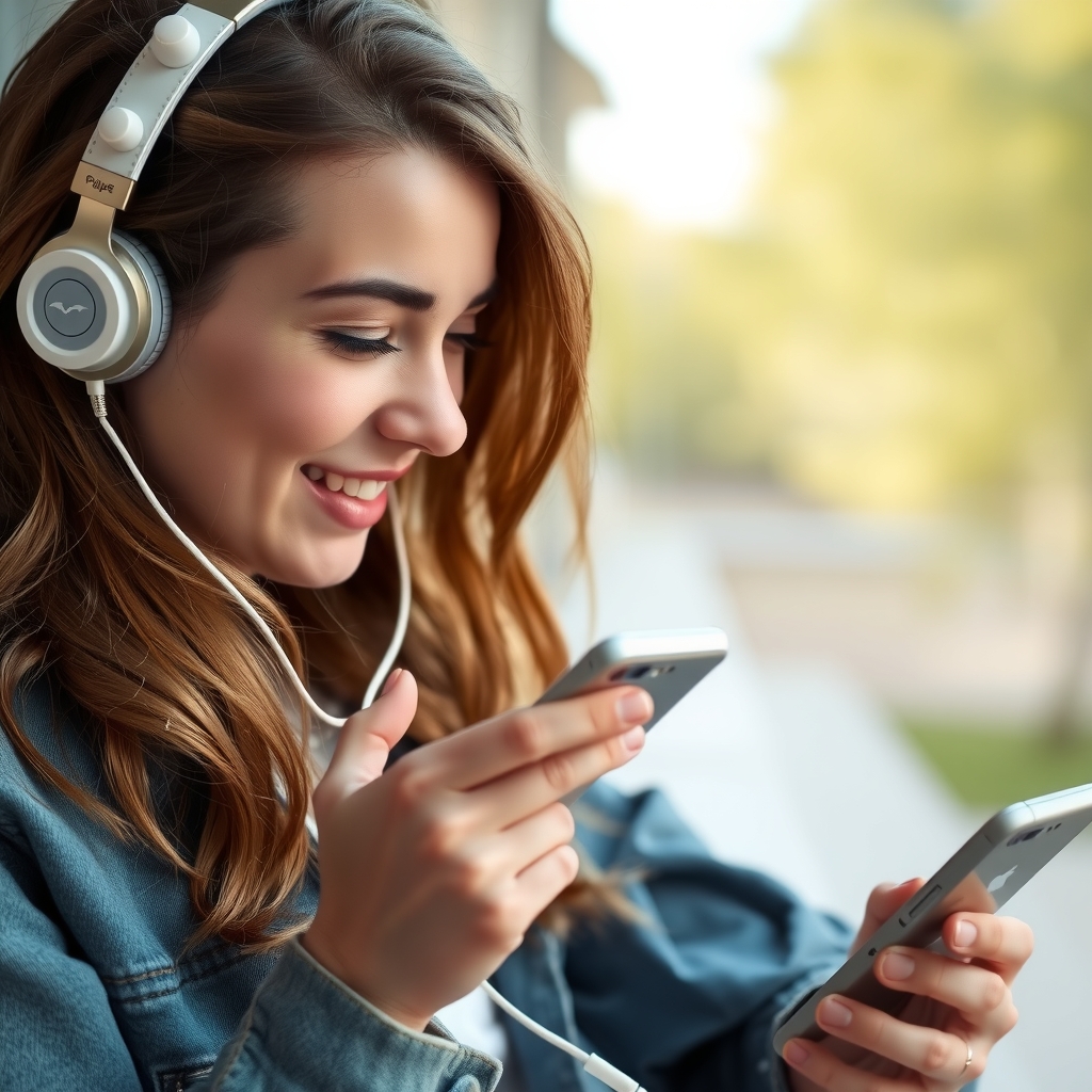 young woman using smartphone with headphones by मुफ्त एआई छवि जनरेटर - बिना लॉगिन के✨ | AIGAZOU