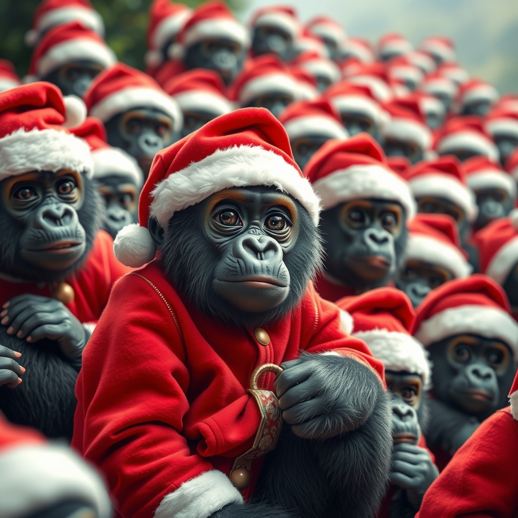 cute gorillas 100 christmas santa hats suits by मुफ्त एआई छवि जनरेटर - बिना लॉगिन के✨ | AIGAZOU