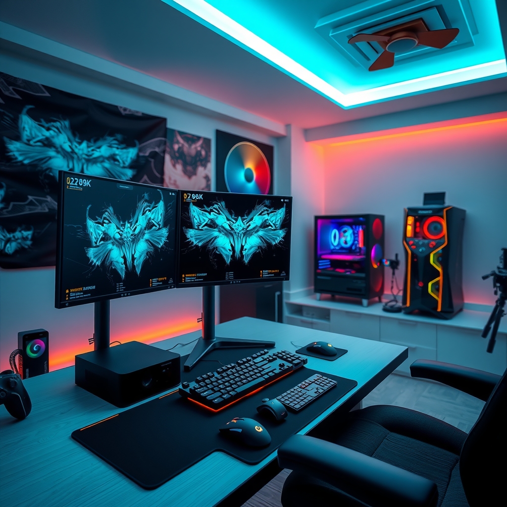 gaming monitor mouse keyboard desktop pc room 8k real light by मुफ्त एआई छवि जनरेटर - बिना लॉगिन के✨ | AIGAZOU