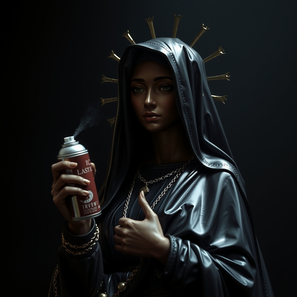 black madonna latex spray can dark background by मुफ्त एआई छवि जनरेटर - बिना लॉगिन के✨ | AIGAZOU