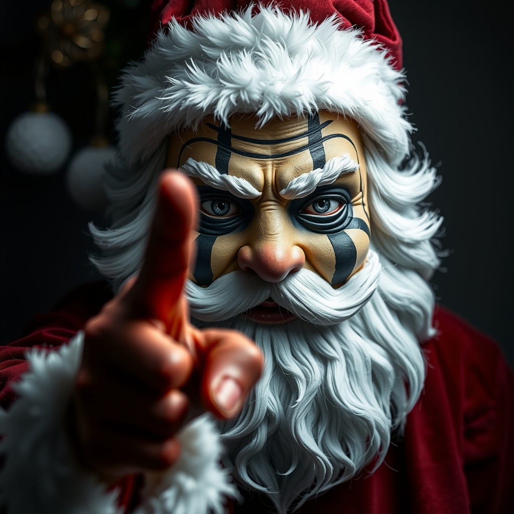 gothic metal style santa face white face with black stripes dark pointing at the camera by मुफ्त एआई छवि जनरेटर - बिना लॉगिन के✨ | AIGAZOU