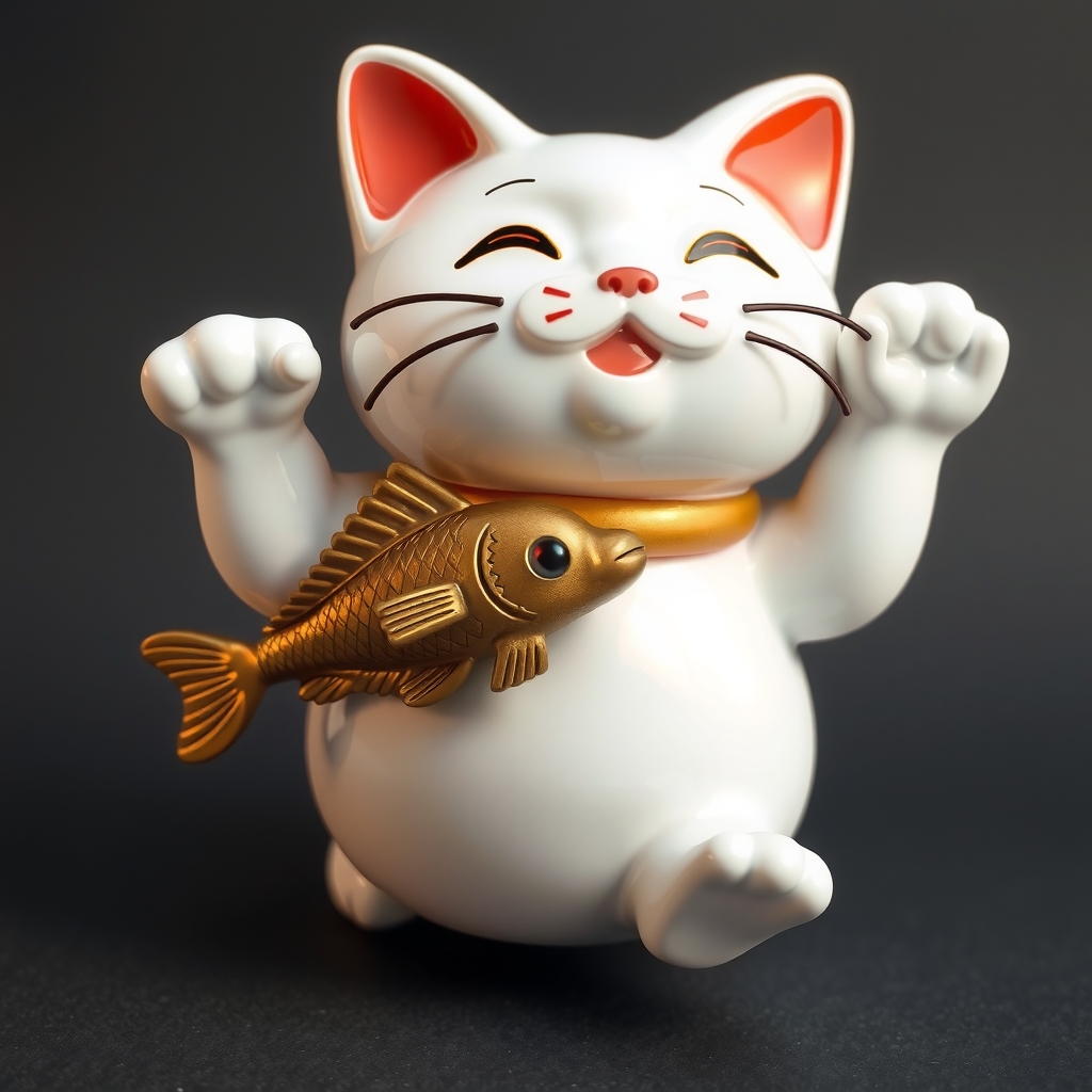 waving cat plastic white maneki with fish bronze by मुफ्त एआई छवि जनरेटर - बिना लॉगिन के✨ | AIGAZOU