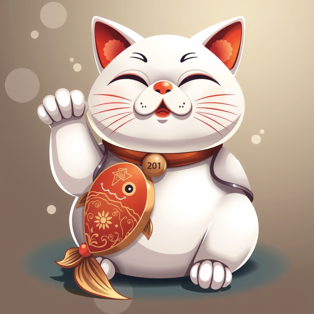 winking white maneki cat with koi bronze vector art by मुफ्त एआई छवि जनरेटर - बिना लॉगिन के✨ | AIGAZOU