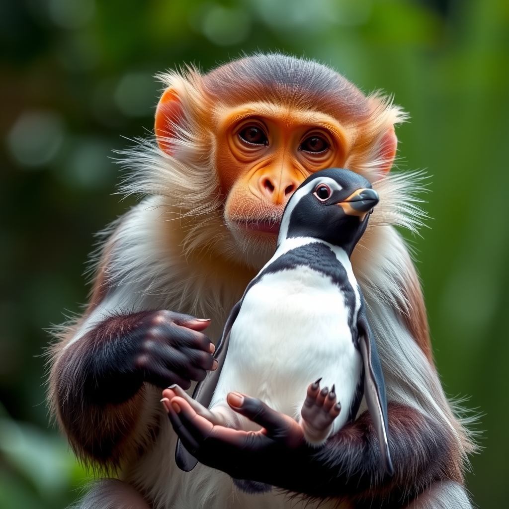 an ape holds a penguin in its hand by मुफ्त एआई छवि जनरेटर - बिना लॉगिन के✨ | AIGAZOU