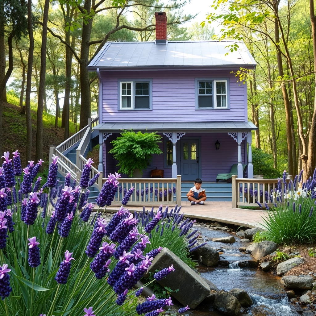 a purple house in the forest with a boy reading by मुफ्त एआई छवि जनरेटर - बिना लॉगिन के✨ | AIGAZOU