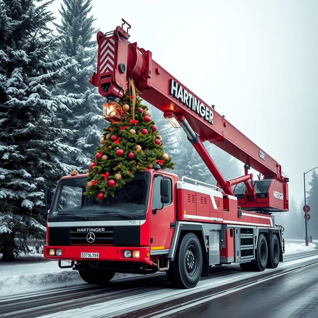 teleskop mobile crane hartinger red color lifting christmas tree winter by मुफ्त एआई छवि जनरेटर - बिना लॉगिन के✨ | AIGAZOU