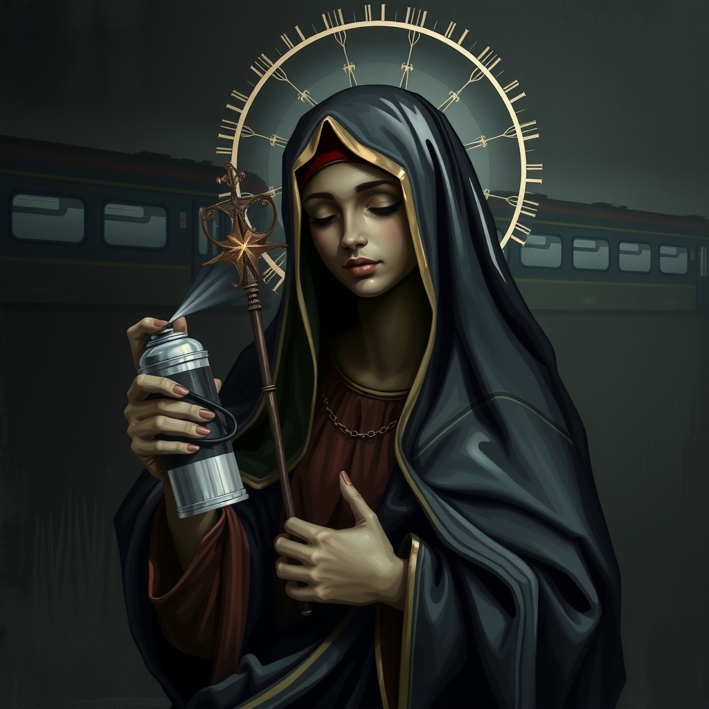 black madonna latex spray can dark background by मुफ्त एआई छवि जनरेटर - बिना लॉगिन के✨ | AIGAZOU