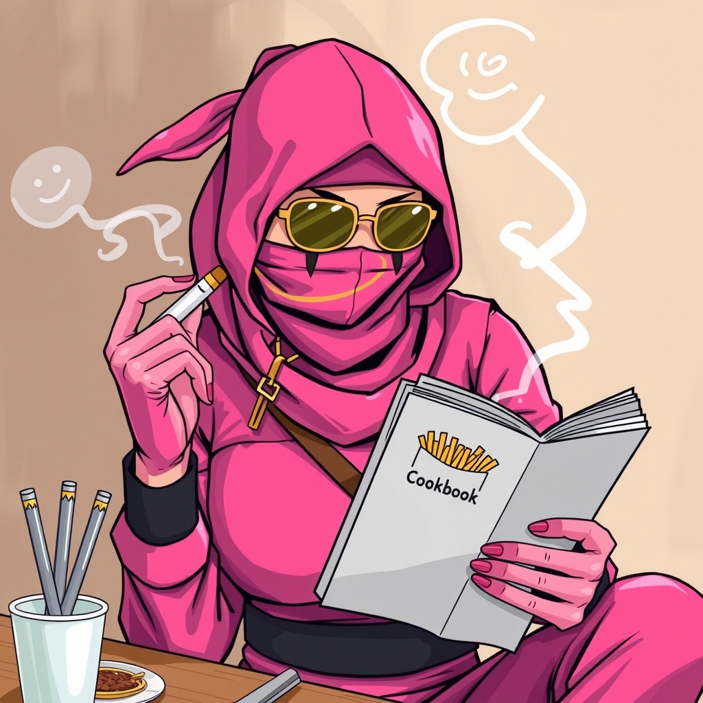 a ninja woman reading a cookbook dressed in pink by मुफ्त एआई छवि जनरेटर - बिना लॉगिन के✨ | AIGAZOU