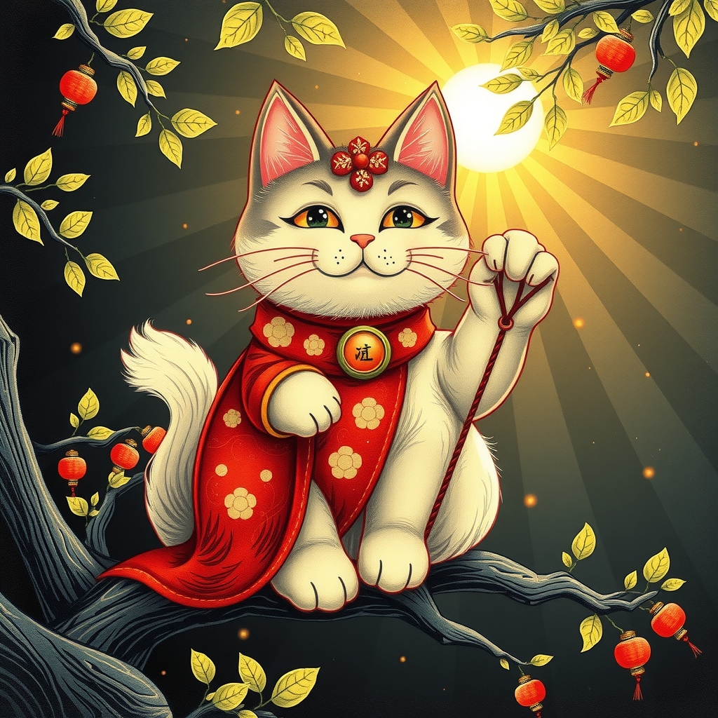 lucky cat on tree branch with sunlight by मुफ्त एआई छवि जनरेटर - बिना लॉगिन के✨ | AIGAZOU