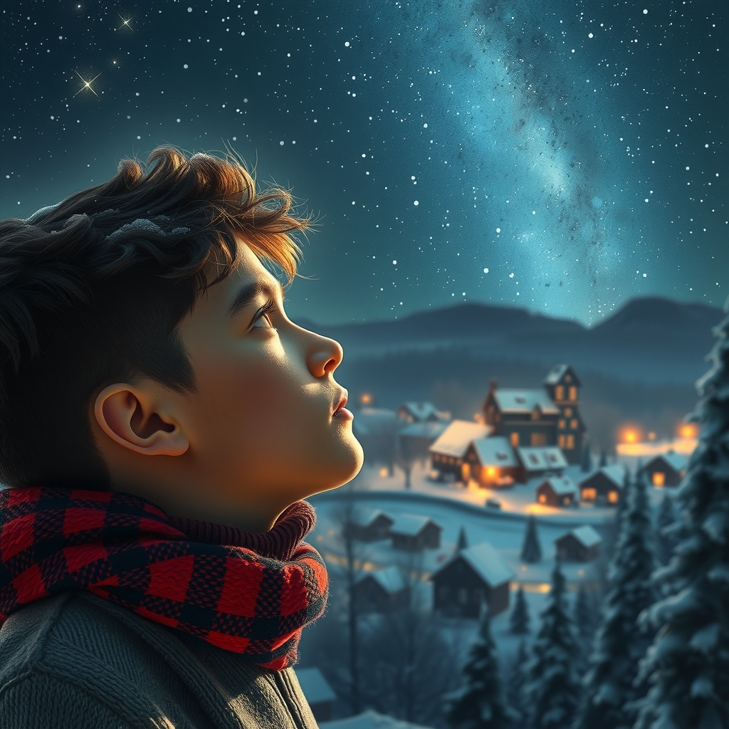 a young man admiring the christmas town and starry sky by मुफ्त एआई छवि जनरेटर - बिना लॉगिन के✨ | AIGAZOU