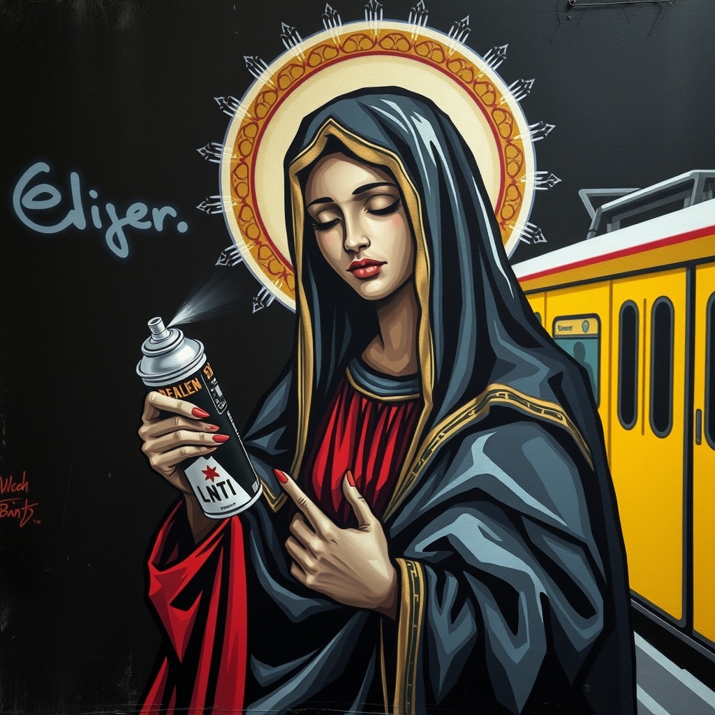 black madonna spray can dark background by मुफ्त एआई छवि जनरेटर - बिना लॉगिन के✨ | AIGAZOU