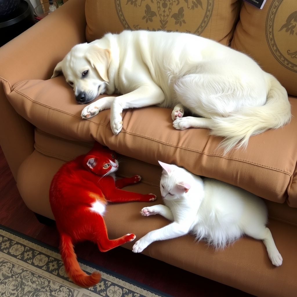 white dog on sofa red and white cats on floor by मुफ्त एआई छवि जनरेटर - बिना लॉगिन के✨ | AIGAZOU