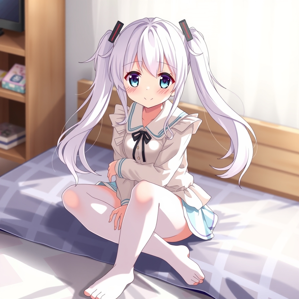 anime style white hair loli with twintails in white socks happy on bed by मुफ्त एआई छवि जनरेटर - बिना लॉगिन के✨ | AIGAZOU