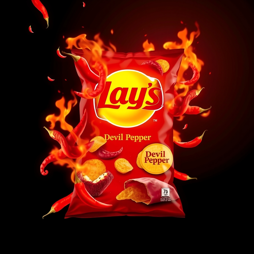 spicy lays potato chip poster flames chili peppers by मुफ्त एआई छवि जनरेटर - बिना लॉगिन के✨ | AIGAZOU