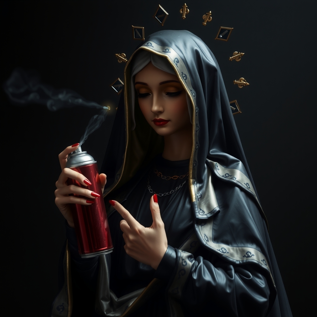 black madonna latex spray can dark background holy by मुफ्त एआई छवि जनरेटर - बिना लॉगिन के✨ | AIGAZOU