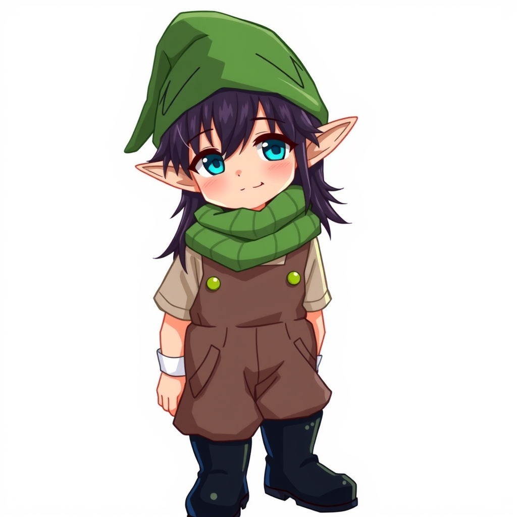 young man black hair green hat overalls black boots blue eyes elf ears tall anime friendly shy by मुफ्त एआई छवि जनरेटर - बिना लॉगिन के✨ | AIGAZOU