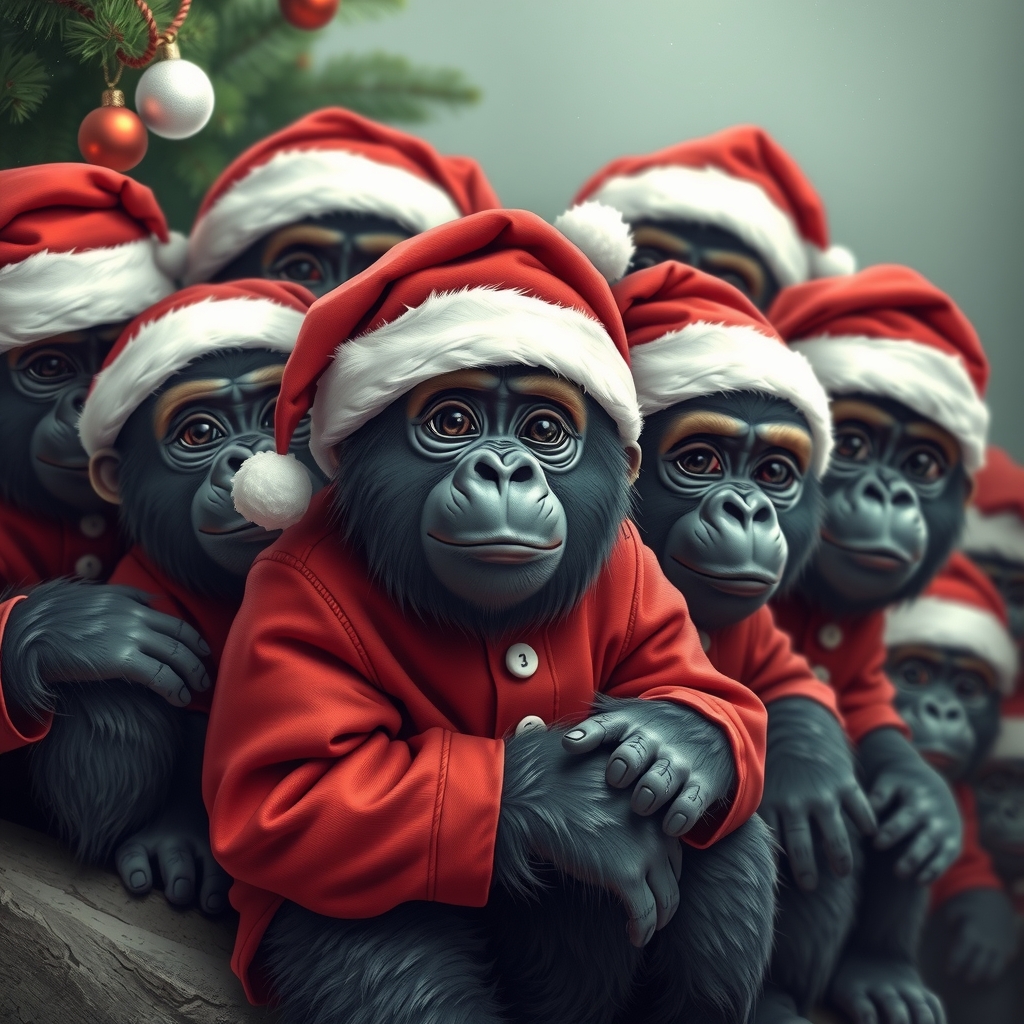 cute gorillas in christmas hats and costumes by मुफ्त एआई छवि जनरेटर - बिना लॉगिन के✨ | AIGAZOU