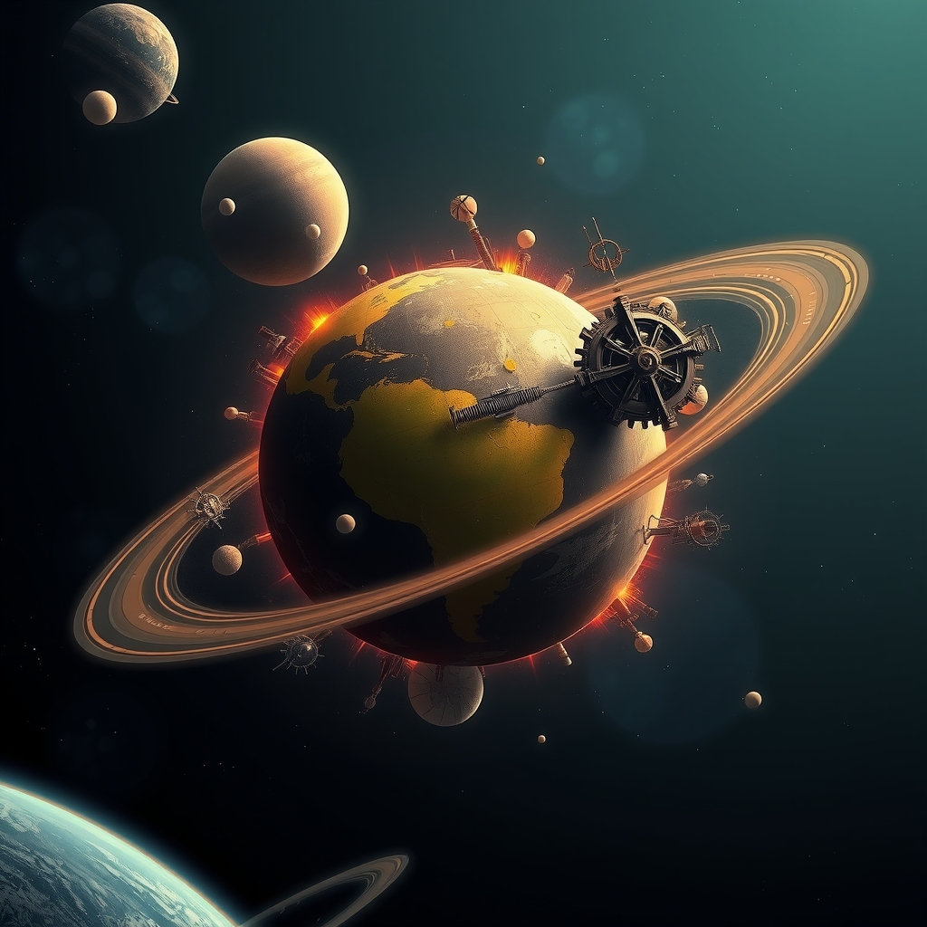 a steampunk planet in the middle of the solar system by 免费AI图像生成工具 | AIGAZOU