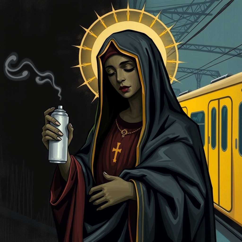 black madonna with spray can holy yellow berlin train by 免费AI图像生成工具 | AIGAZOU