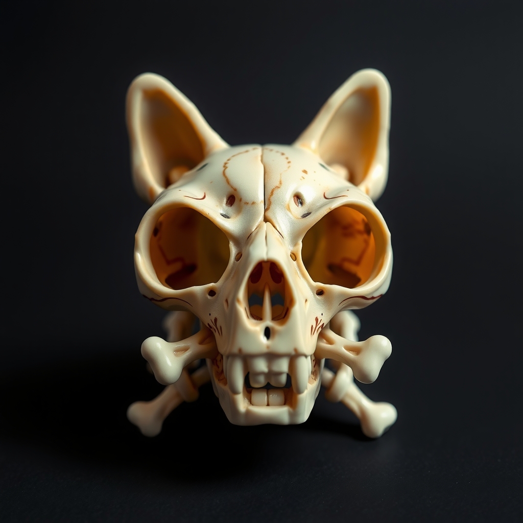 cat skull from bones straight with dark background maneki neko style plastic figure by मुफ्त एआई छवि जनरेटर - बिना लॉगिन के✨ | AIGAZOU