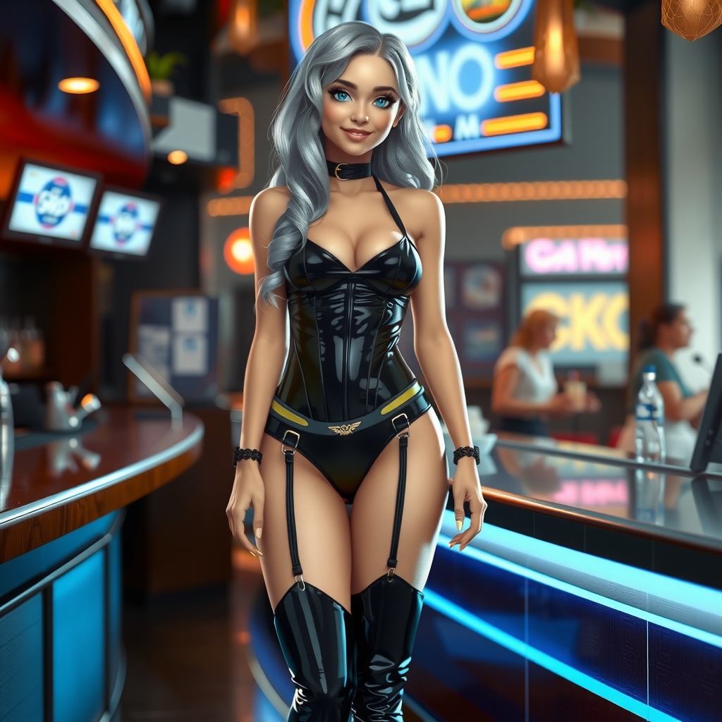 young waitress futuristic latex bikini by मुफ्त एआई छवि जनरेटर - बिना लॉगिन के✨ | AIGAZOU