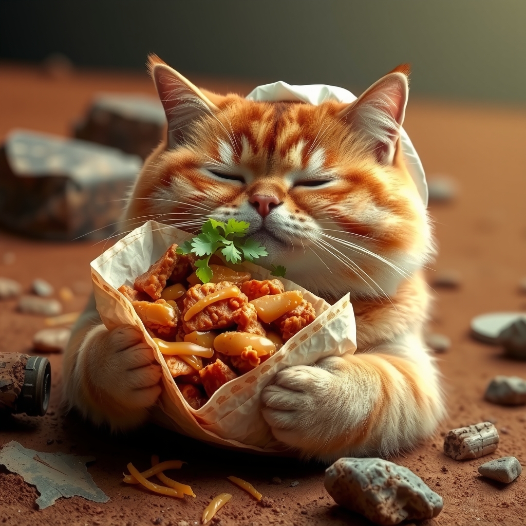 fat cat eating beijing chicken wrap on mars by मुफ्त एआई छवि जनरेटर - बिना लॉगिन के✨ | AIGAZOU