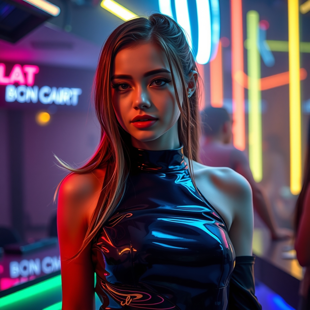 a young woman dressed in a futuristic latex dress a club cyberpunk neon lights by मुफ्त एआई छवि जनरेटर - बिना लॉगिन के✨ | AIGAZOU