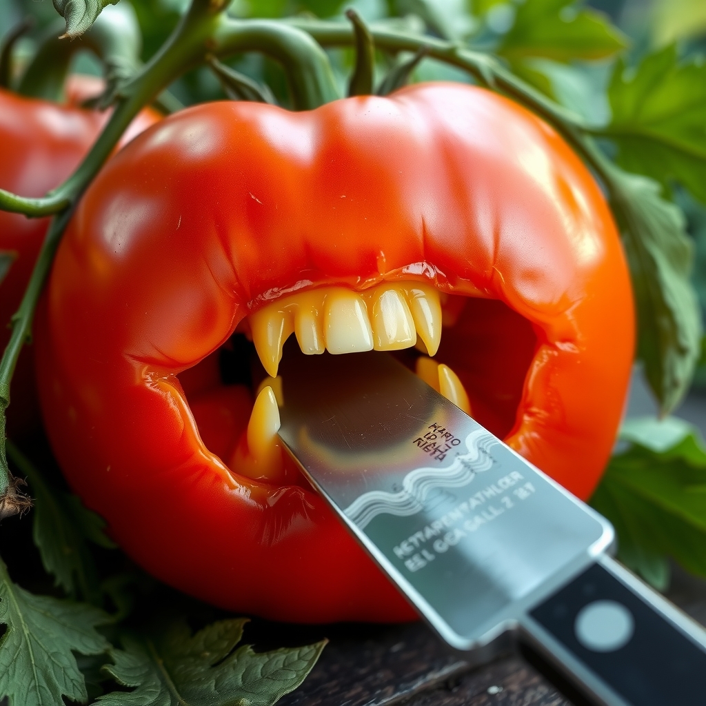 tomatoes with teeth have a knife in mouth by मुफ्त एआई छवि जनरेटर - बिना लॉगिन के✨ | AIGAZOU