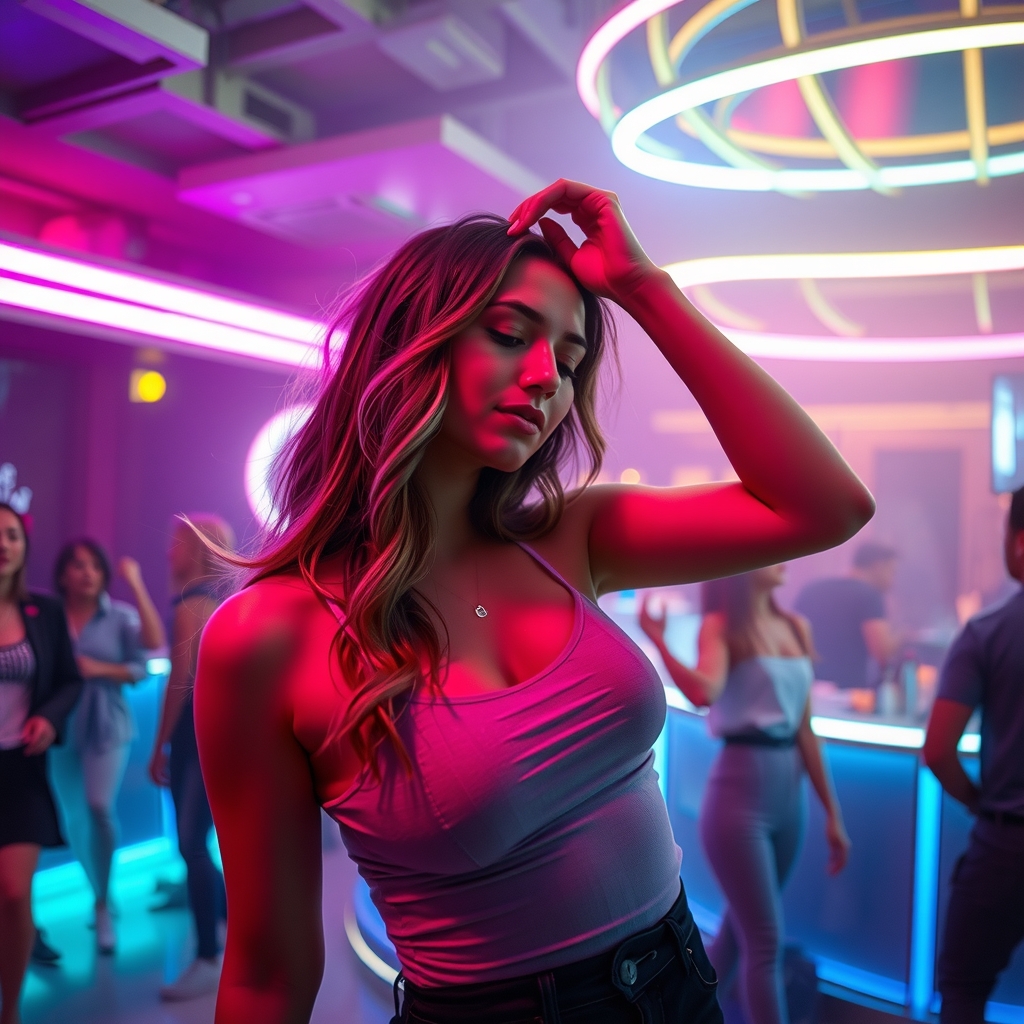 a young woman dancing in a futuristic club neon lights by मुफ्त एआई छवि जनरेटर - बिना लॉगिन के✨ | AIGAZOU